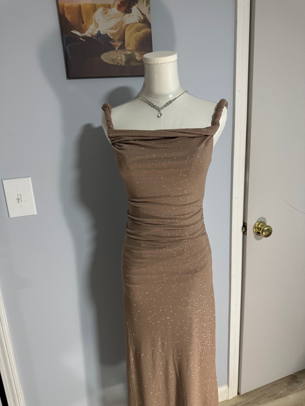Women's Shimmer Brown Cowl Neck Evening Dress